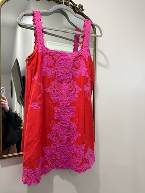 Topshop Pink and Red Embroidered Tank Dress